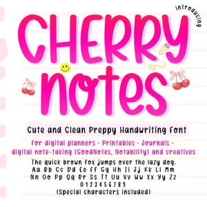 Puede incluir: Una presentación de fuente digital titulada CHERRY notes en rosa brillante, con una cara sonriente amarilla, un icono de lápiz e ilustraciones de cerezas rojas con lazos rosas. El texto incluye un alfabeto, números y notas sobre fondo rayado.