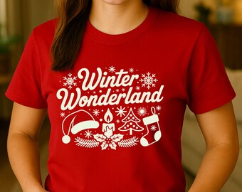 Unisex T-shirt Winter Wonderland, shirt besneeuwd bos, grafische top kerstsneeuwval