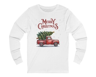 Vintage rood Truck Christmas-T-shirt met lange mouwen, uniseks vakantietopje