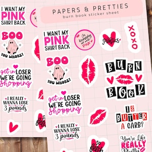 Burn Book Sticker Sheet, mean girls inspired, pink stickers, junk journal, sticker set, card making funny stickers PNG Printable sticker