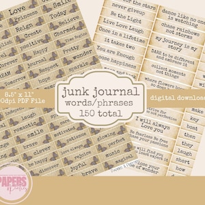 Palabras imprimibles para diario basura, frases, recortes recargados, descarga, paquete de adornos, palabras y frases para máquina de escribir, etiquetas vintage, efímeras, scrapbooking