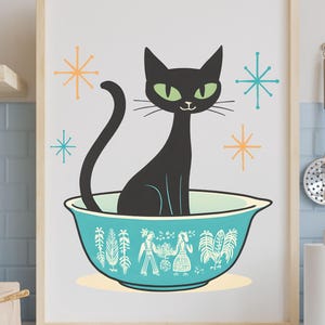 Retro Atomic Cat Vintage Pyrex Butterprint Retro Atomic Starburst 1950-talet PNG T-shirtdesign, Sublimering Pyrex Skålar Staplade MCM Retro Pyrex