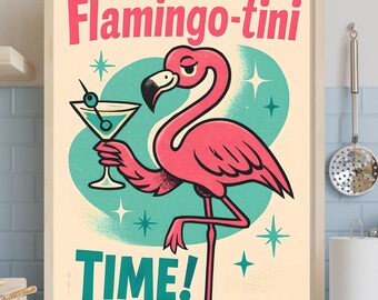Retro 1950's Pink Flamingo PNG T-shirt Design, Flamingo-Tini Time! Funny, retro Sublimation, PNG Design, Mug, POD, Tshirt, Wall Art Download