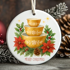 Vintage Pyrex Inspired double sided Ornaments, Retro Vintage Pyrex Golden Butterfly Pattern, Christmas Decor, Gift for Pyrex Collector