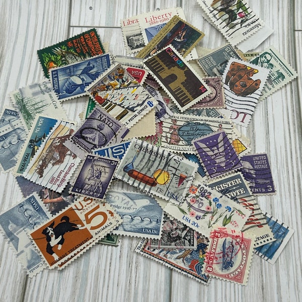 Vintage canceled stamps and squares junk journal ephemera scrapbooking journal lot of 25,50, or 100 stamps plus cardstock squares crafting