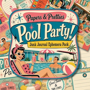 Retro 1950's MCM Pool Party Junk Journal Ephemera Kit - papers - tags - ephemera, paper pack, Mixed Media Paper Crafts