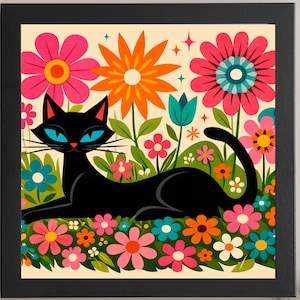 May include: A framed art print featuring a stylized black cat with blue eyes, reclining amidst a vibrant garden of colorful flowers. The artwork has a retro, mid-century modern aesthetic, with bold colors and graphic shapes.