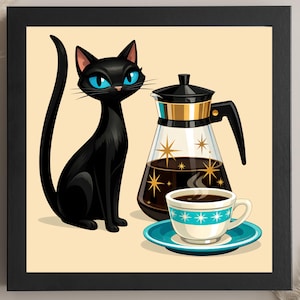 May include: A framed print featuring a black cat with blue eyes, a coffee pot, and a cup of coffee. The cat is sitting upright, and the coffee pot is glass with a black lid. The cup and saucer are white and blue, with a starburst design.