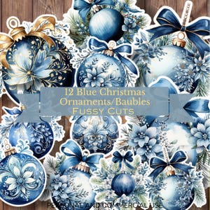 Blue Christmas Junk Journal Fussy Cuts, Ornaments Baubles, shabby chic style, vintage floral digital download, journal ephemera scrapbooking