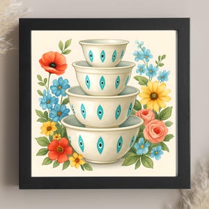 Pode incluir: Impressão emoldurada com quatro tigelas de cerâmica brancas empilhadas, cada uma com desenhos de lágrimas turquesas. As tigelas são cercadas por flores coloridas: papoulas vermelhas, margaridas azuis e amarelas e rosas cor-de-rosa. Tema floral vintage.
