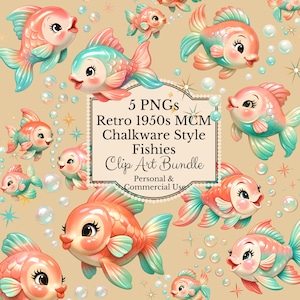 Puede incluir: Una colección de ilustraciones de peces de estilo retro en tonos coral, turquesa y melocotón. Los peces tienen ojos grandes y están rodeados de burbujas y estrellas. La imagen incluye el texto "5 PNGs Retro 1950s MCM Chalkware Style Fishies Clip Art Bundle".