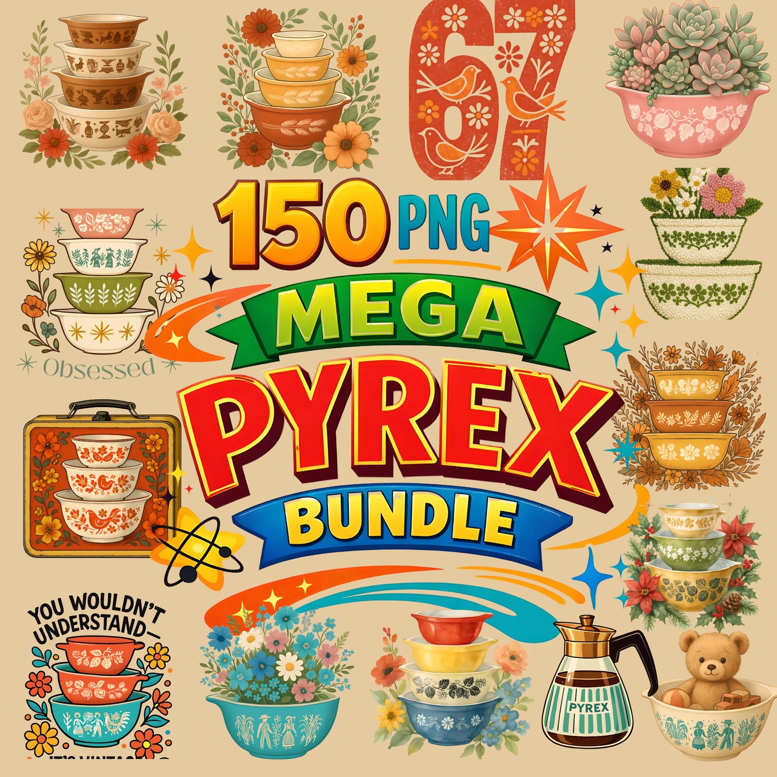 Vintage Pyrex Mega Store Bundle - 150 Pyrex PNG Designs - Commercial ...