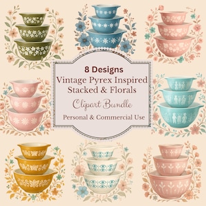 Vintage Pyrex Bowl Stapel inspiriert & Florals PNG Clip Art Bundle.  Stachelbeere, Butterprint, Gänseblümchen, Schmetterling Tshirt Sublimation, Tassen, Taschen