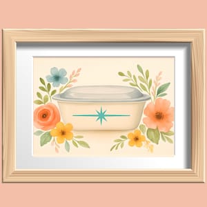 May include: Watercolor painting of a casserole dish with a lid, featuring a teal starburst design. The dish is surrounded by colorful flowers and foliage, set against a cream background, framed in a light wood frame.