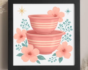 Pink Vintage Pyrex Bowl Stack PNG, Vintage Pink Stripes, Sublimation, Clipart, Tshirt Mug Tote Bag Design, Commercial Use, POD Design