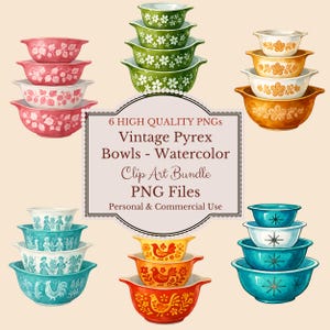 Vintage Pyrex Schüssel Stapel PNG Clip Art Bundle.  Stachelbeere, Butterprint, Freundschaft, Gänseblümchen, Schmetterling Tshirt Sublimation, Tassen, Taschen 6 PNGs