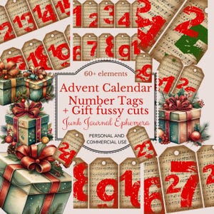 Advent Calendar Number Tags + Gift Fussy cuts Junk Journal ephemera, Christmas Scrapbook, Christmas Tags, paper crafts, printable