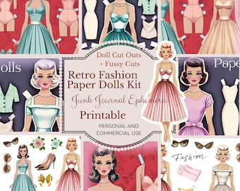 Retro Fashion Doll Paper Dolls Junk Journal Cut Out Ephemera, fussy cuts, journal papers, junk journal supplies, printable, paper crafts