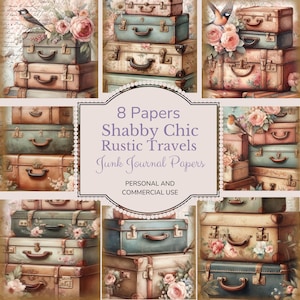 Páginas de diario de viaje vintage, efímeras florales digitales, hojas de collage imprimibles de papeles de viaje desgastados, kit de papel para álbumes de recortes y maletas.
