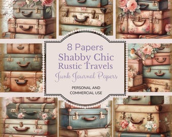 Vintage Travel Junk Journal Pages, Digital Floral Ephemera, Printable Shabby Travel papers Collage Sheet, Suitcase, Scrapbook Paper Kit