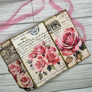 Victorian Rose Junk Journal com três dobras, além de cartões e artigos efêmeros, diário de suprimentos para scrapbook