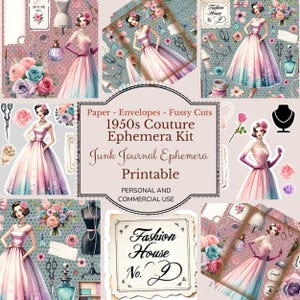 1950s Fashion Couture Junk Journal Kit, Ephemera, Fashion papers embellishments envelopes paper crafts scrapbooking, mixed media Printable