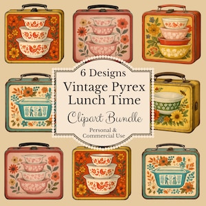 Puede incluir: Una colección de seis diseños de loncheras de estilo vintage con cuencos y recipientes estilo Pyrex. Los diseños incluyen patrones florales, motivos de pájaros y combinaciones de colores retro. El texto de la imagen dice "6 Designs Vintage Pyrex Lunch Time Clipart Bundle".