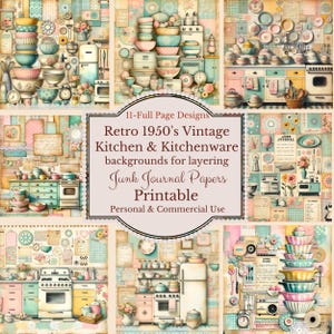 Retro Kitchen Junk Journal Kit, Vintage Kitchen 1950s Pages, Scrapbook Journal Supplies Ephemera, Kitchen Fussy Cut, Bonus Background Sheets
