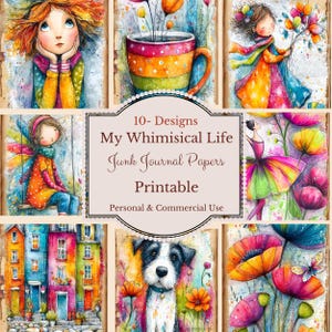 Whimsical Life Junk Journal Kit, Printable Kit, Cute Cartoon town, florals, dogs Ephemera, Colorful Digital Paper, Scrapbook Paper Crafts