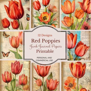 Tulipes, tulipe rouge, kit de journal floral aquarelle, téléchargement immédiat et impression, collage numérique éphémères d'artisanat en feuille de papier