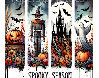 May include: Watercolor illustration featuring four vertical panels with Halloween themes. Panels include a carved pumpkin, scarecrow, haunted castle, and ghost, with bats and the text "Spooky Season". The artwork uses a dark color palette with orange, black, and purple.