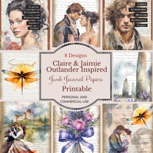 Clair y Jamie, kit de diario basura inspirado en Outlander, papeles, efímeras, scrapbooking, manualidades con técnica mixta, clan escocés Fraser, imprimible