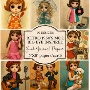 Op de afbeelding: Een verzameling van tien retro-stijl illustraties geïnspireerd op de jaren 60 mod-esthetiek, met figuren met grote ogen in verschillende poses. De afbeeldingen zijn ontworpen voor junk journal papieren of kaarten, met een afmeting van 12,7 cm x 15,2 cm.