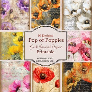 Pop of Poppies, Poppy Flower, Watercolor Floral Junk Journal Kit,  Instant download and printable, Digital collage sheet ephemera