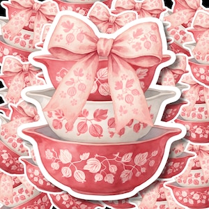 Pink Gooseberry Inspired Kiss-Cut Stickers, Vintage Pyrex Collector Retro Decals, Pink Gooseberry Pattern Bowl Stack Decals Pyrex Lover gift