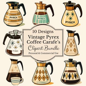 May include: A collection of ten vintage Pyrex coffee carafe designs. Each carafe features a unique pattern, including stripes, starbursts, and geometric shapes, with the "PYREX" logo. The image includes the text "10 Designs Vintage Pyrex Coffee Carafe's Clipart Bundle".