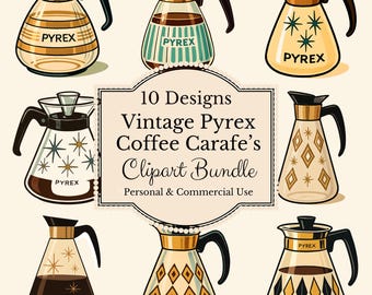 Vintage Pyrex koffiekaraf clipartbundel-10 ontwerpen PNG-pyrex vuurwerk, diamanten, strepen grafische collectie commercieel gebruik