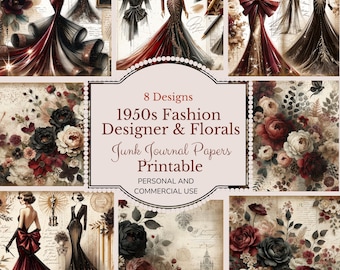 Vintage 1950s Fashion designer Printable Fashion Junk Journal Pages Retro Scrapbooking Red Carpet Fashion Collage Sheets Ephemera  printable