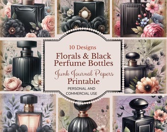 Black Perfume & Floral junk journal paper, Perfume Bottles, Watercolor Perfume, High Quality  Digital Download, Scrapbook Ephemera