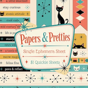 MCM Retro Atomic Cats Ephemera Quickie Sheet - Enkelsidiga PDF-ordremsor, washitejp retro-element - Utskrivbara