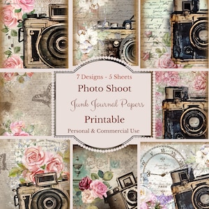 Puede incluir: Un collage de papeles de scrapbook de estilo vintage con cámaras antiguas, rosas y fondos de escritura. El texto central dice "Photo Shoot Junk Journal Papers Printable". El diseño incluye siete diseños diferentes en cinco hojas.