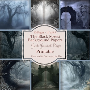 Black Forest Junk Journal Background Pages Halloween, black trees, Ephemera, Scrapbooking, mixed media paper crafts Dark Spooky Gothic witch