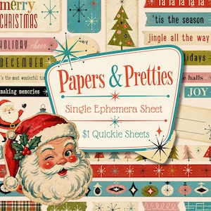 MCM Jul Ephemera Quickie Sheet - Enkelsidiga PDF-ordremsor, washi-tejp retro-element - Utskrivbara