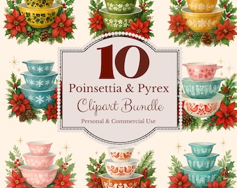 Poinsettias and Pyrex Bowl Stack, PNG Bundle  T-shirt Design, Vintage Pyrex inspired Pyrex Stack Gooseberry Daisy butterprint butterfly