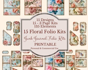May include: A collection of printable floral folio kits with a vintage aesthetic. The designs feature roses in shades of pink, peach, and blue, set against a backdrop of aged paper textures. The text on the image reads "15 Floral Folio Kits" and "Printable".