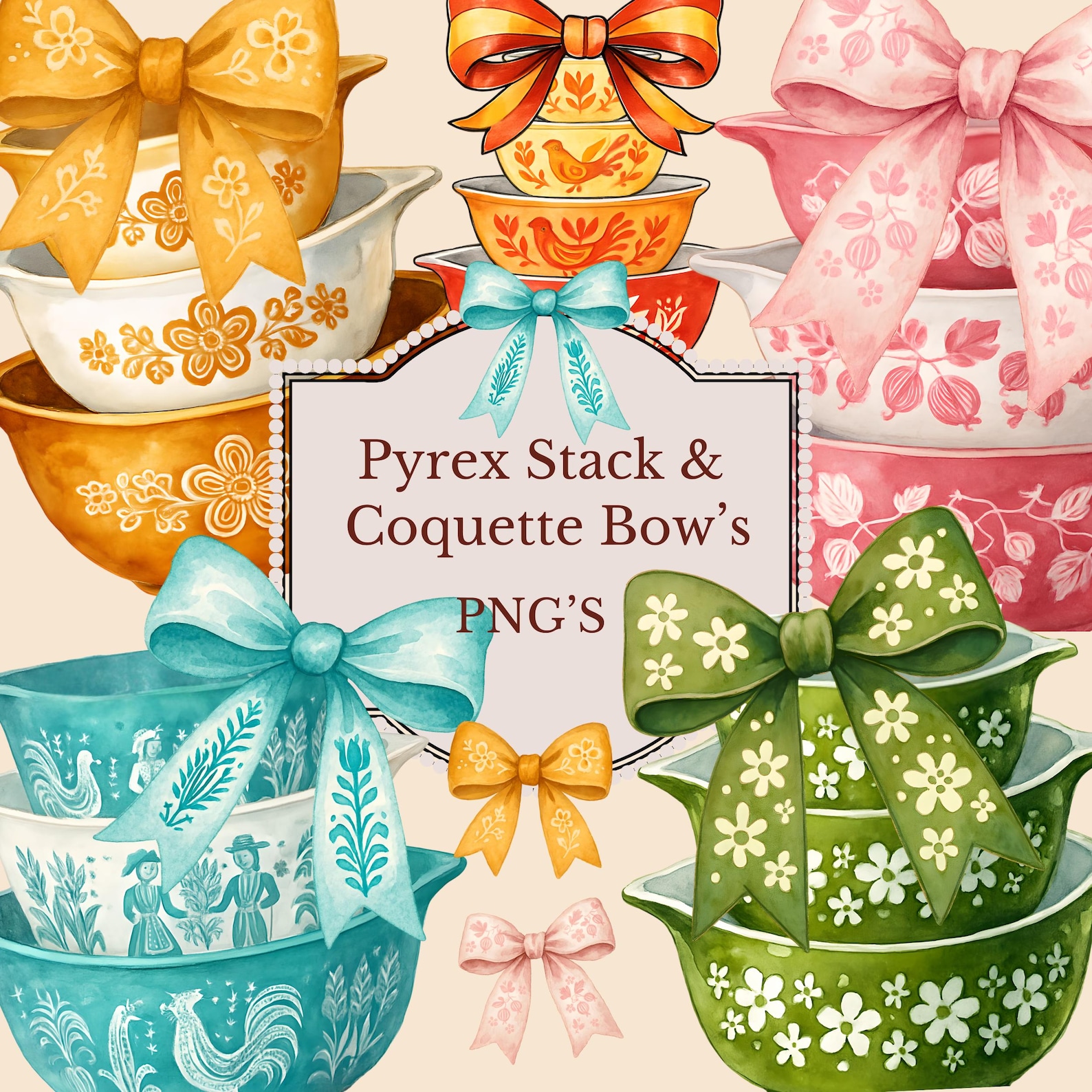 Pyrex Bowl Stack With Coquette Bows, PNG Bundle T-shirt Design ...