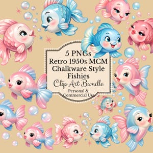 Puede incluir: Un paquete de imágenes prediseñadas digitales con peces de estilo tiza MCM retro de los años 1950 en rosa y azul. La imagen incluye burbujas y el texto "5 PNGs Retro 1950s MCM Chalkware Style Fishies Clip Art Bundle Personal & Commercial Use."