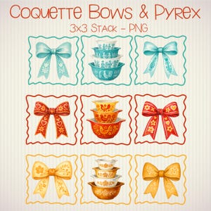 Może przedstawiać: Cyfrowa ilustracja z trzema rzędami ilustracji. Górny rząd przedstawia niebieską kokardę i stos turkusowych misek Pyrex. Środkowy rząd ma czerwoną kokardę i stos pomarańczowych misek Pyrex. Dolny rząd ma żółtą kokardę i stos złotych misek Pyrex. Tekst brzmi "Coquette Bows & Pyrex".
