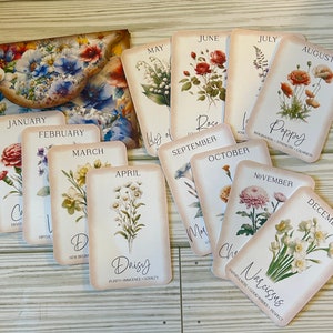 “Geburtsmonat Blumen” 12 Karten + Umschlag scrapbooking Junk Journal Karten Tags ephemera basteln