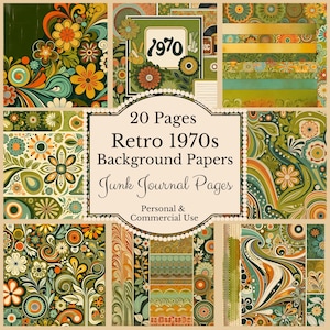 Puede incluir: Una colección de 20 papeles de fondo retro de los años 70 para diarios basura. Los diseños presentan patrones florales en tonos verdes, naranjas y amarillos. El texto de la imagen dice "20 Pages Retro 1970s Background Papers Junk Journal Pages".